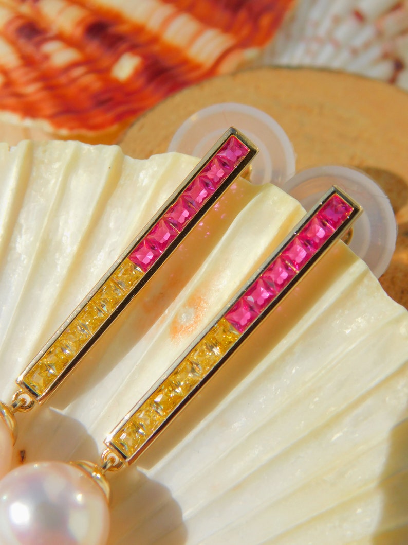 Vermeil Colorful CZ with Japanese Akoya Pearl Earrings AAA 9.2mm Drop Earrings Japanese Saltwater Pearls Hot Pink Yellow image 5