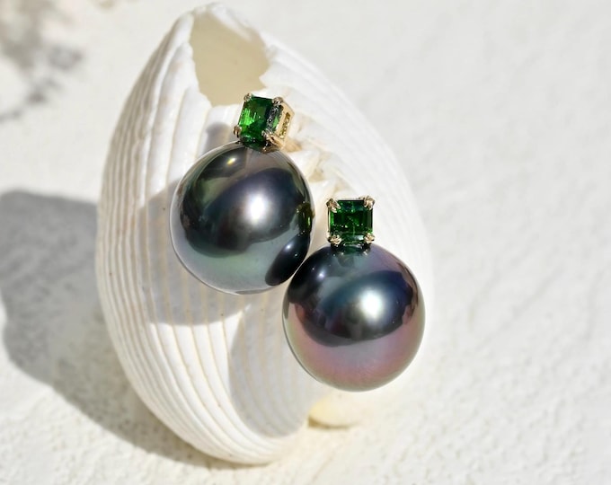 10.8mm Tahitian Pearl Studs: Natural Tsavorite, Mismatched Peacock Blue and Aubergine Peacock, AAA+, Solid 14K Gold, Au585