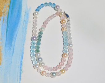 Aquamarine Morganite Akoya Pearl Necklace: Solid 14k White Gold, 19.5 Inches, Blue, Pink