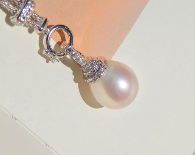 Adjustable Chain with Pearl Enhancer Pendant: White Gold Plated Silver, Max 25-Inch, AAA, 14mm