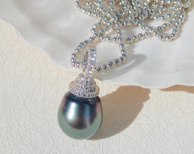 Tahitian Pearl Enhancer Pendant Silver Chain Necklace | 13mm | Large Tahitian Pearl | Beaded Chain | Removable Pendant | AAA | Adjustable