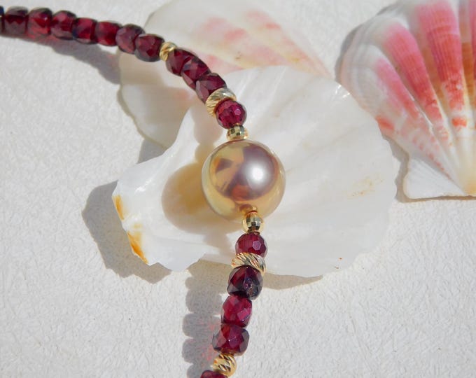 Deep Purple Red Garnet Freshwater Pearl Necklace | 11mm | AAA+ | 15.5 Inches | Metallic | Grape | Solid 18k Gold | Golden Mauve Pistachio