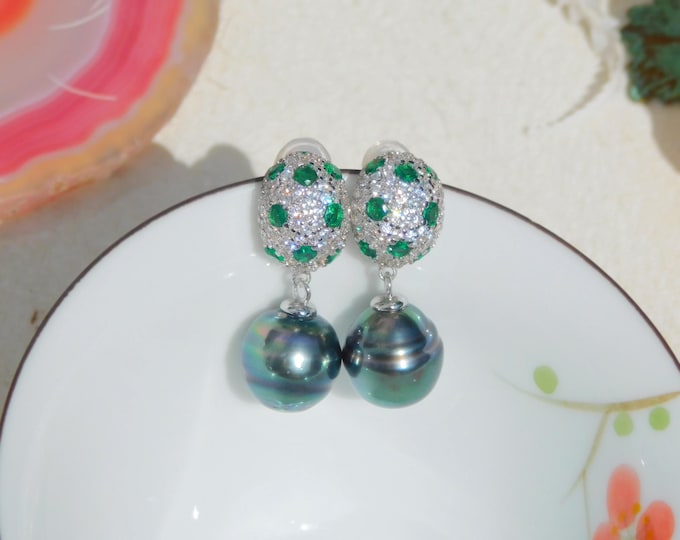Vivid Gem Green Tahitian Pearl Earrings | AAA | 10mm | White Gold Plated | Sterling Silver | Green CZ | South Sea Pearl Earrings | Drop