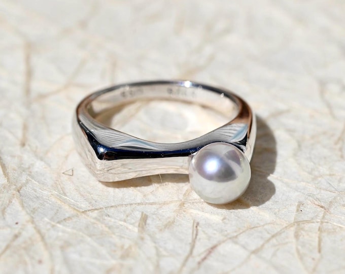6.2mm Pastel Blue Akoya Pearl Ring: White Gold Plated Sterling Silver, US Size 4.75, Modern Pearl Ring, AAA