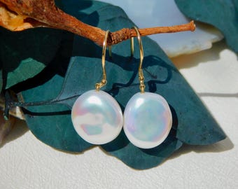 Chubby Coin Pearl Earrings | White with Rainbow | Drop Pearl Earrings | 13mm * 15mm | Solid 18K Gold | Chinese Freshwater Pearls | AAA+