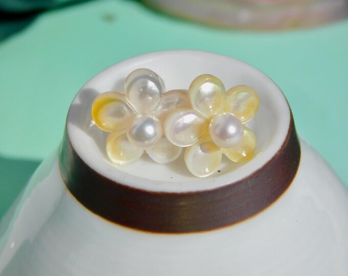 Golden Mother of Pearl Flower | Cherry Blossom | Tiny Freshwater Pearls | 12mm Flower | 4mm | Flower Studs | 18K Gold | White | AAA+