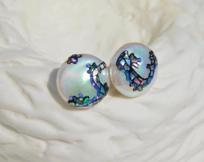 Maki-e Freshwater Pearl Studs | White | One-of-A-Kind | Solid 18k White Gold | Handcrafted | Abalone Shell | 12.2mm | Button Pearl Studs