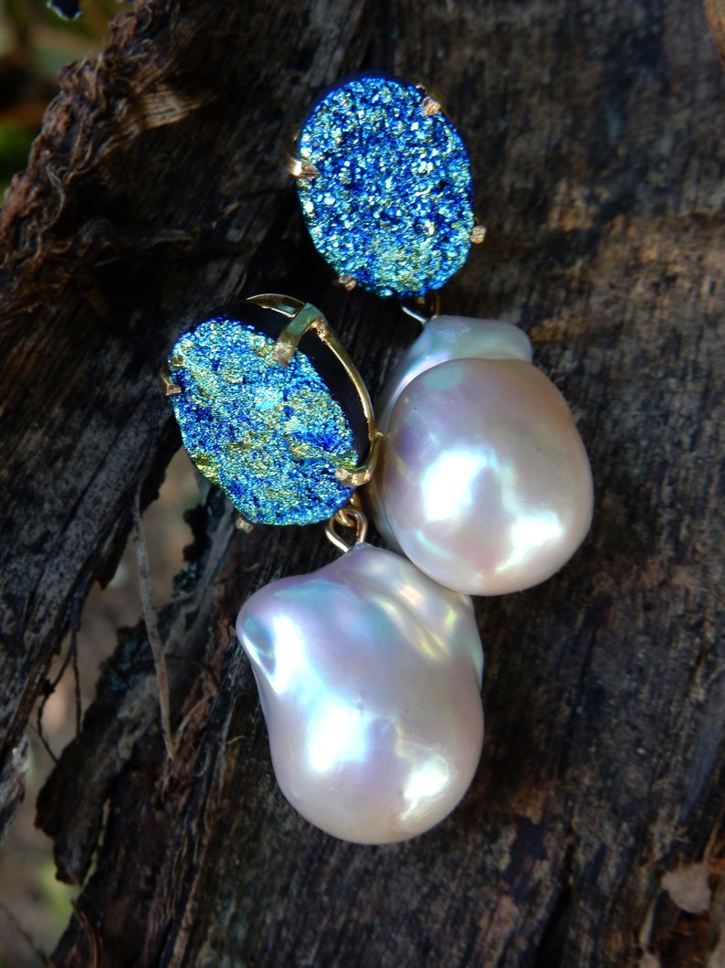 Big Pearl Earrings Gemstone and Pearl Ready to ship 16mm Blue Titanium Druzy Baroque Pearl Earrings