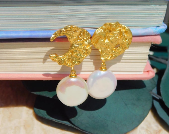 Vermeil Crescent Earrings | Freshwater Pearls | Coin | 13mm | AAA | Gold plated Sterling Silver | Matte Finish | Pink | Rainbow Luster