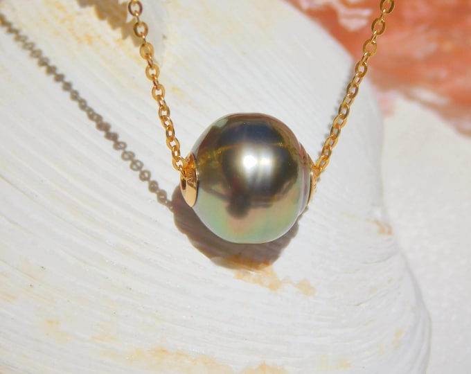 Floating Pistachio Tahitian Pearl Necklace: Solid 18K Gold Pin-end Chain, Adjustable, 11mm, AAA, Circled Pearl