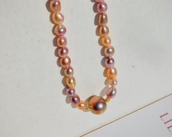 Multi-color Freshwater Keshi Pearl Necklace | Beyond AAA | 6 * 7mm | Solid 18k/14k Yellow Gold | Free Formed Pearls | Pink | Mauve | Coral
