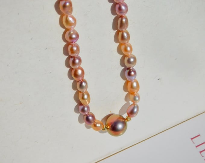 Multi-color Freshwater Keshi Pearl Necklace | Beyond AAA | 6 * 7mm | Solid 18k/14k Yellow Gold | Free Formed Pearls | Pink | Mauve | Coral