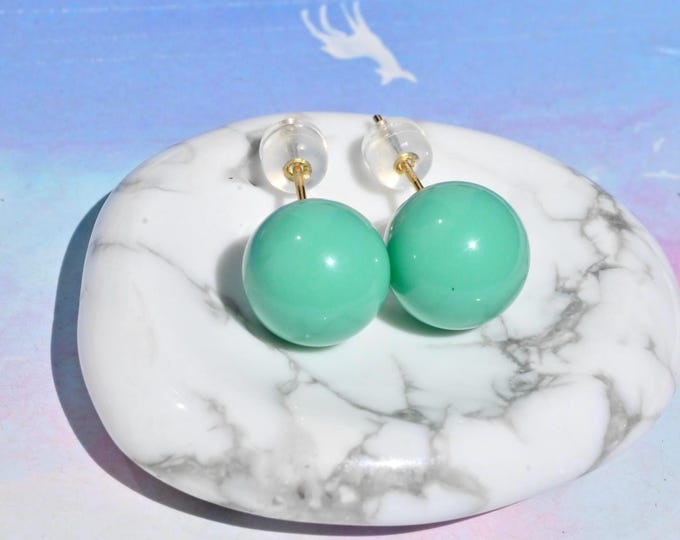 Natural Turquoise Studs: Undyed Mint Green, Solid 18K Gold, AAA+, Authentic Hubei Turquoise, 10.4mm