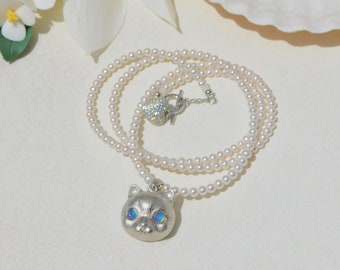 Freshwater Pearl and Silver Cat Pendant Necklace | AAA  | 3.5mm | White | Blue Eye Cat | Opal | Pearl Necklace | 23 Inches | 3D Cat