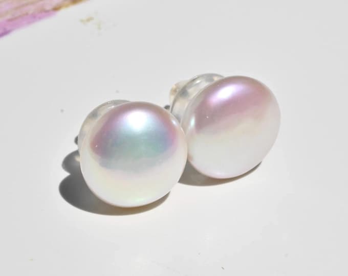 13.2mm Coin Freshwater Pearl Studs: Solid 18K Gold, AAA+, Iridescent Rainbow Pearl Earrings, Large Pearl Studs