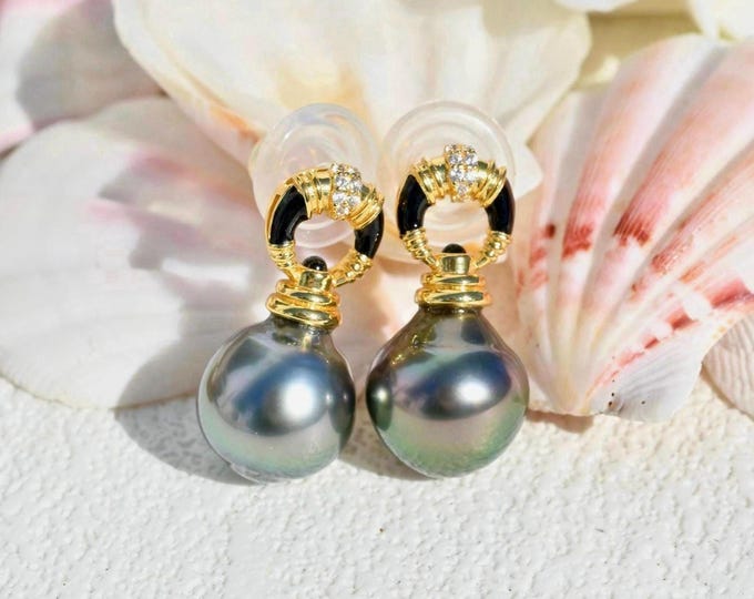 Tahitian Pearl Earrings: Gold Plated Silver, Green, 10.9mm, AAA, Teardrop