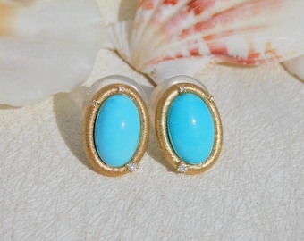 Sleeping Beauty Turquoise Earrings | Oval | Diamonds | 13 *10mm | Solid 18kt Gold | Authentic Intense Blue Turquoise | Au750 | Gemstone