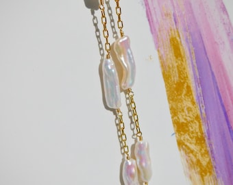 Freshwater Pearl Tin Cup Necklace | Biwa Pearls | Sticks | Super Luster | Gold Filled Link Chain | 2.4mm | AAA+ | Adjustable | Layering