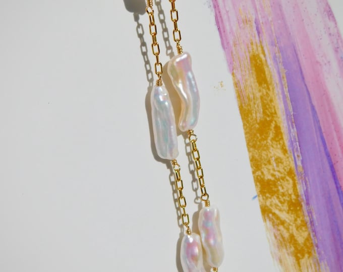 Freshwater Pearl Tin Cup Necklace | Biwa Pearls | Sticks | Super Luster | Gold Filled Link Chain | 2.4mm | AAA+ | Adjustable | Layering