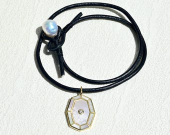 Mother of Pearl Pendant Necklace: Gold Vermeil Sterling Silver, Black Lambskin Leather Cord, 17-inch Necklace