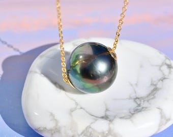 13.5mm Floating Tahitian Pearl Necklace: Solid 18k Gold Pin-end Chain, AA+, Peacock,
