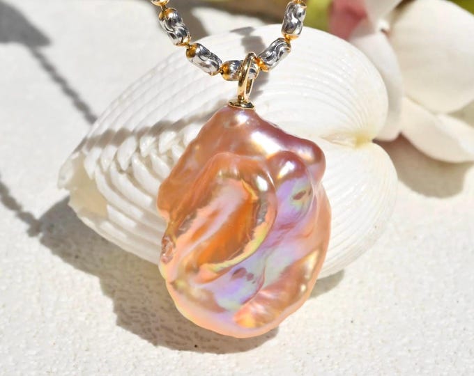 Metallic Freshwater Keshi Pearl Pendant: Solid 18K Gold Bail, Baroque, Coral Golden, AAA+, 18mm* 23mm*9mm