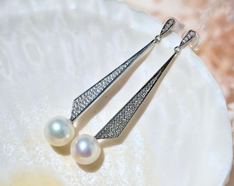 9.3mm Freshwater Pearl Earrings: Sterling Silver, Cluster Long Dangle Earrings, AAA