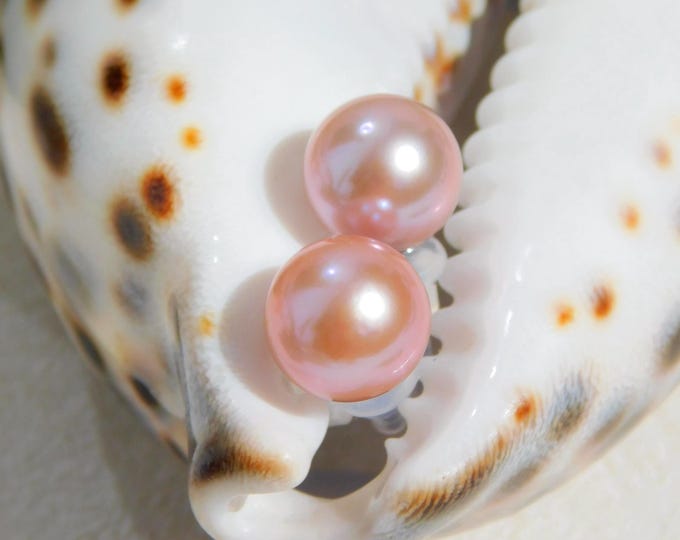 Peachy Pink Freshwater Pearl Studs: Solid 18K White Gold (9.4mm AAA Grade)