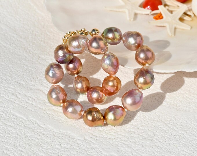 Intense Ripple Pearl Bracelet: Kasumi-like, Gold Filled Magnetic Clasp, Super Metallic, For 6.5-inch Wrist Size