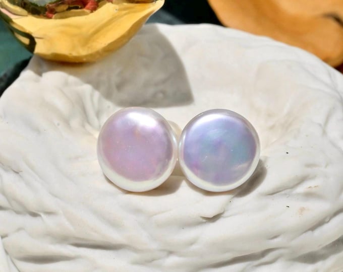 12.5mm Button Freshwater Pearl Studs: Ultimate Luster, Coin Freshwater Pearls, Solid 18K Gold