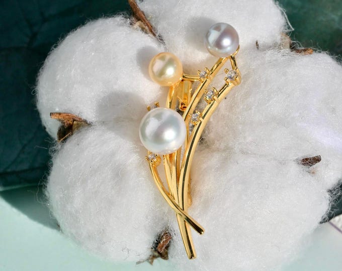 Sterling Silver Akoya Pearl Pin/Brooch: Pastel Cream, Blue, 3 Saltwater Pearls