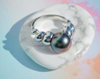 11mm Aubergine Tahitian Pearl Sterling Silver Ring | Near Round | Unisex | Size 6.25 US | Black Pearl Ring | Heavy Croissant Ring | AAA