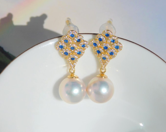 Freshwater Pearl Earrings: Peacock Design, 10.2mm, Gold Plated Silver, AAA