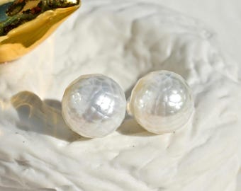 13mm Faceted White South Sea Pearl Studs: Solid 18K Gold, Carved Pearls, White, Saltwater