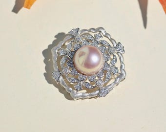 Metallic Pink Freshwater Pearl Brooch: Sterling Silver, 11.7mm, Metallic, Brushed Finish, CZ Detail, AAA+