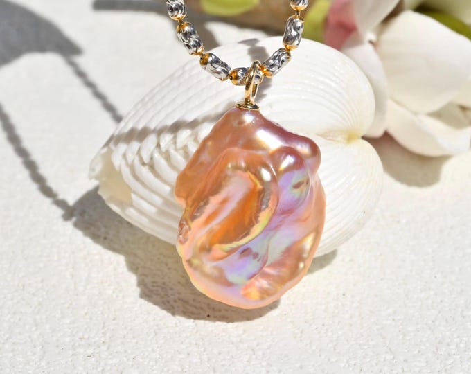Metallic Freshwater Keshi Pearl Pendant: Solid 18K Gold Bail, Baroque, Coral Golden, AAA+, 18mm* 23mm*9mm