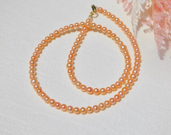 4-5.2mm Bright Coral Gold Pearl Necklace | Very High Luster | AAA+ | Petite Pearl Necklace | Solid 18k Gold Clasp | 16.75 Inches | Golden