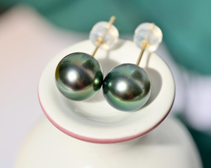 9mm Tahitian Pearl Studs: Solid 18K Gold, Gem Green, Saltwater Pearl Earrings, Black Pearl Studs, AAA