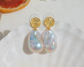 Vermeil Large Baroque Pearl Earrings | 15*23mm | Gold Discs | AAA+ | Gold plated Sterling Silver | Statement Earrings | Fireball Pearls