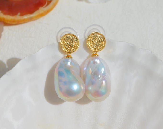 Vermeil Large Baroque Pearl Earrings | 15*23mm | Gold Discs | AAA+ | Gold plated Sterling Silver | Statement Earrings | Fireball Pearls