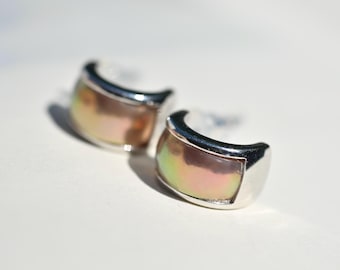 Sliced Pearl Half Hoop Earrings: White Gold Plated Sterling Silver, Sliced Cultured Freshwater Pearls