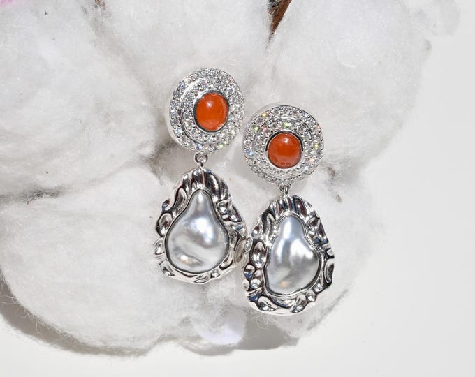 Red Jadeite & Keshi Tahitian Pearl Earrings: White Gold plated Sterling Silver, Statement