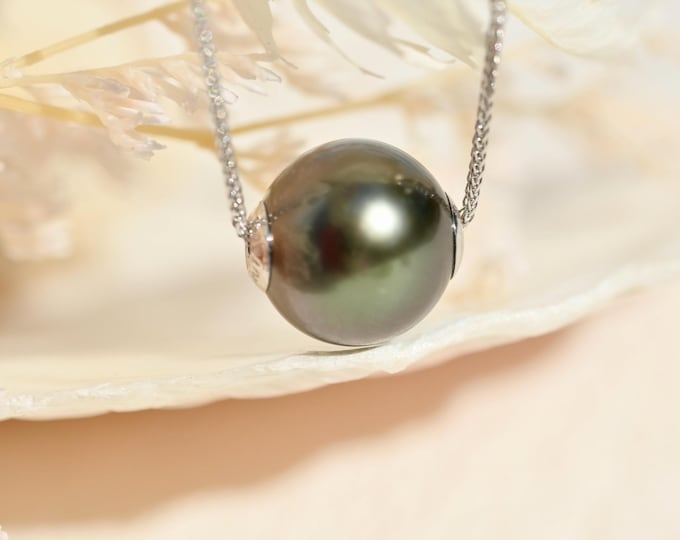 Floating Tahitian Pearl Necklace: Dark Gray, Black Pearl, 10.2mm, Adjustable Solid 18k White Gold Pin-end Chain (Optional)