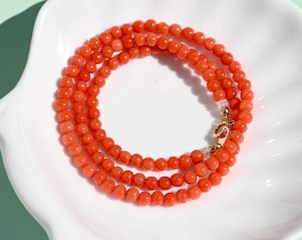 4mm Italian Coral Necklace: Solid 18K Gold clasp, Red Orange Coral Beaded Necklace, 16.75 Inch