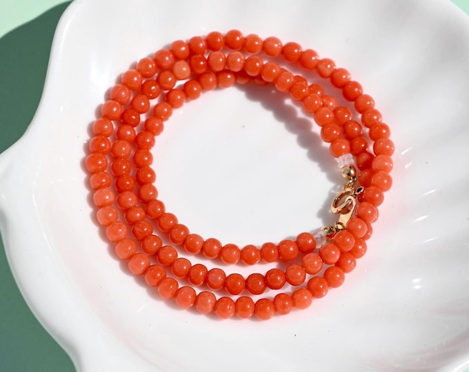 4mm Italian Coral Necklace: Solid 18K Gold clasp, Red Orange Coral Beaded Necklace, 16.75 Inch