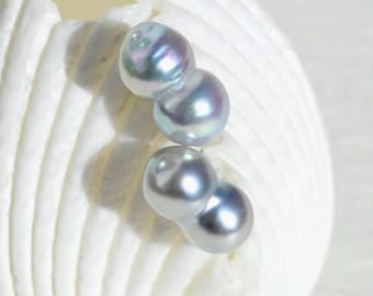 Small Pastel Blue Double Akoya Pearl Stud Earrings: Solid 18K White Gold, 4mm*8mm, Japanese Saltwater Pearls, AAA, Iridescent