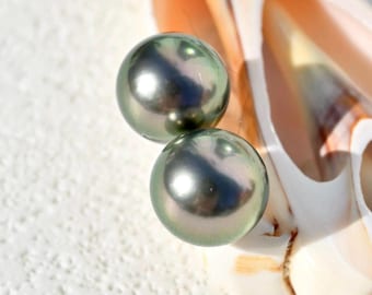 9.6mm Tahitian Pearl Studs: Green Black, AAA, Round, Solid 18k Gold