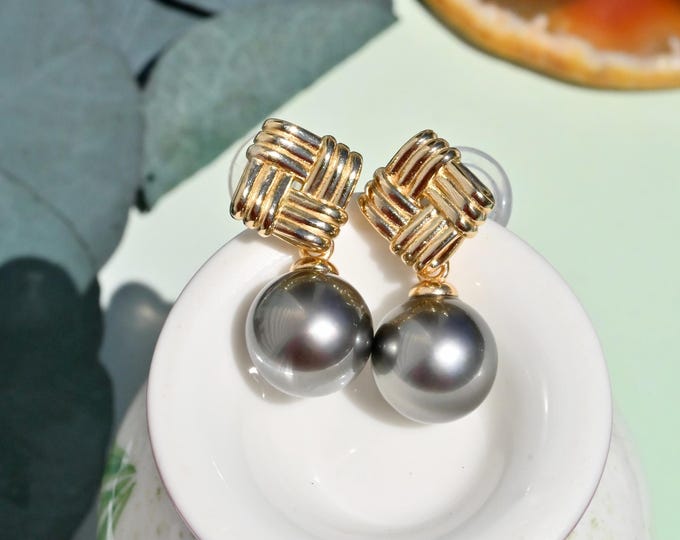 Woven Rhombus Tahitian Pearl Earrings: Gold Plated Silver, Gray Brown, 10.6mm, AAA, Round
