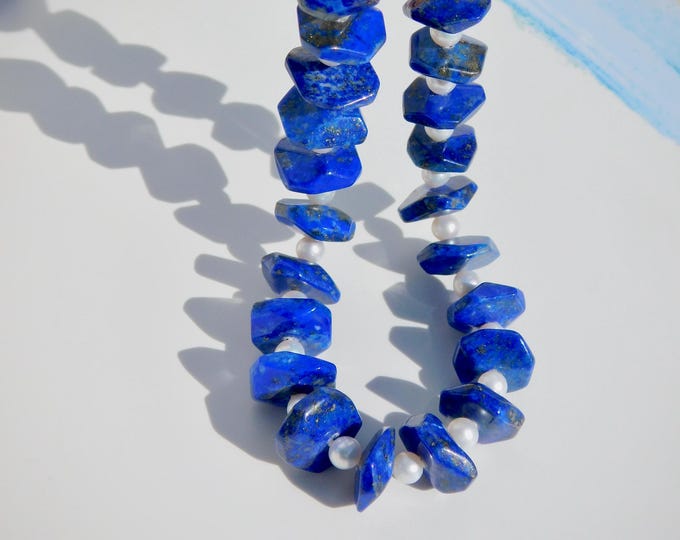 Lapis Lazuli Chips and Freshwater Pearl Necklace | 23.5 Inches | Blue Gemstone | Chunky Necklace | Royal Blue | White | Silver Clasp