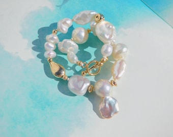 Super Luster Baroque Pearl Bracelet | Gold Filled Toggle Clasp | 7.25 - 7.5'' Wrist Size | White | Gold | Stacking | Layering | AAA+ | Keshi
